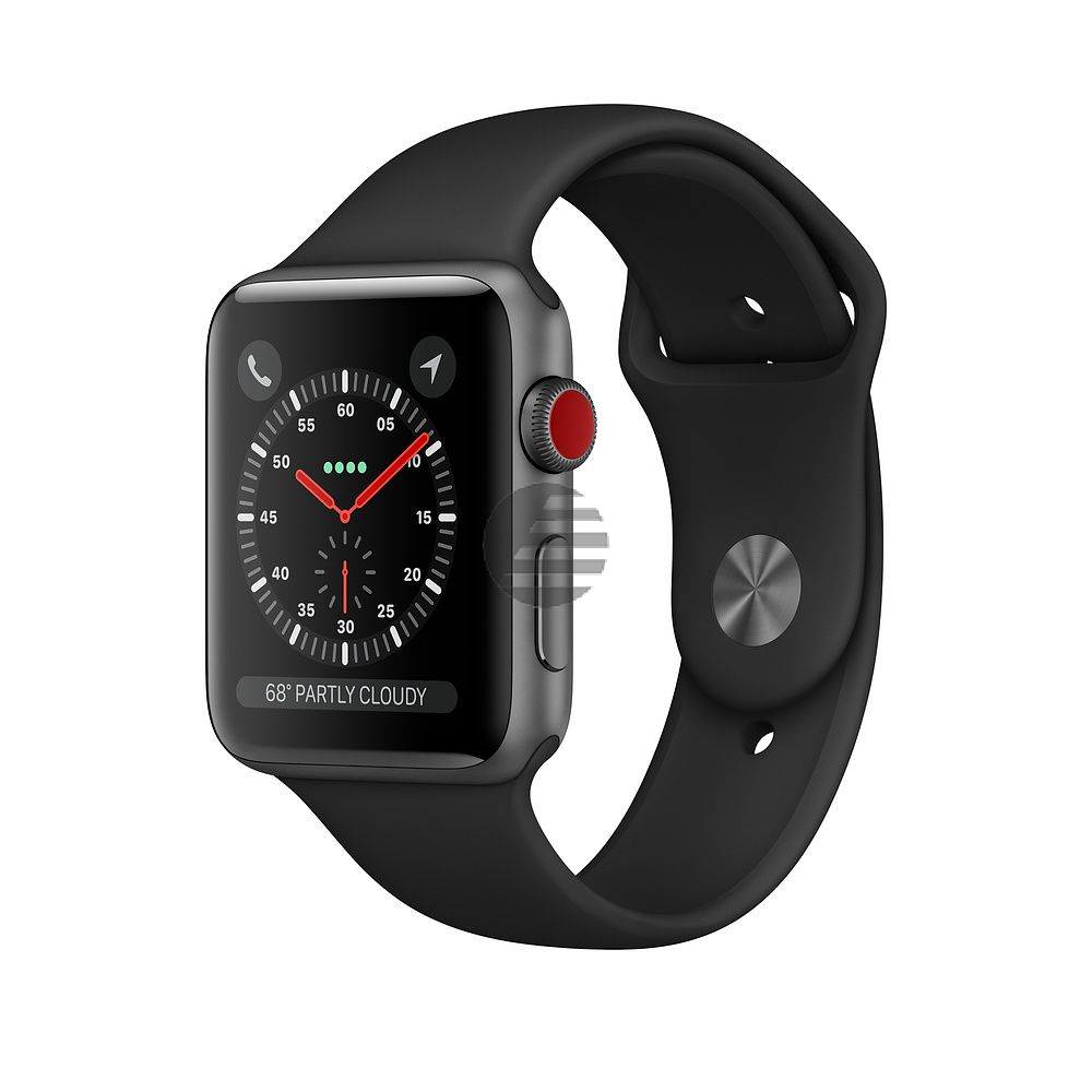Apple Watch Series 3 (GPS + Cellular) - 38 mm - Weltraum grau Aluminium - intelligente Uhr mit Sportband - Flouroelastomer - schwarz - Bandgröße 130-200 mm - 16 GB - Wi-Fi, Bluetooth - 4G - 28.7 g