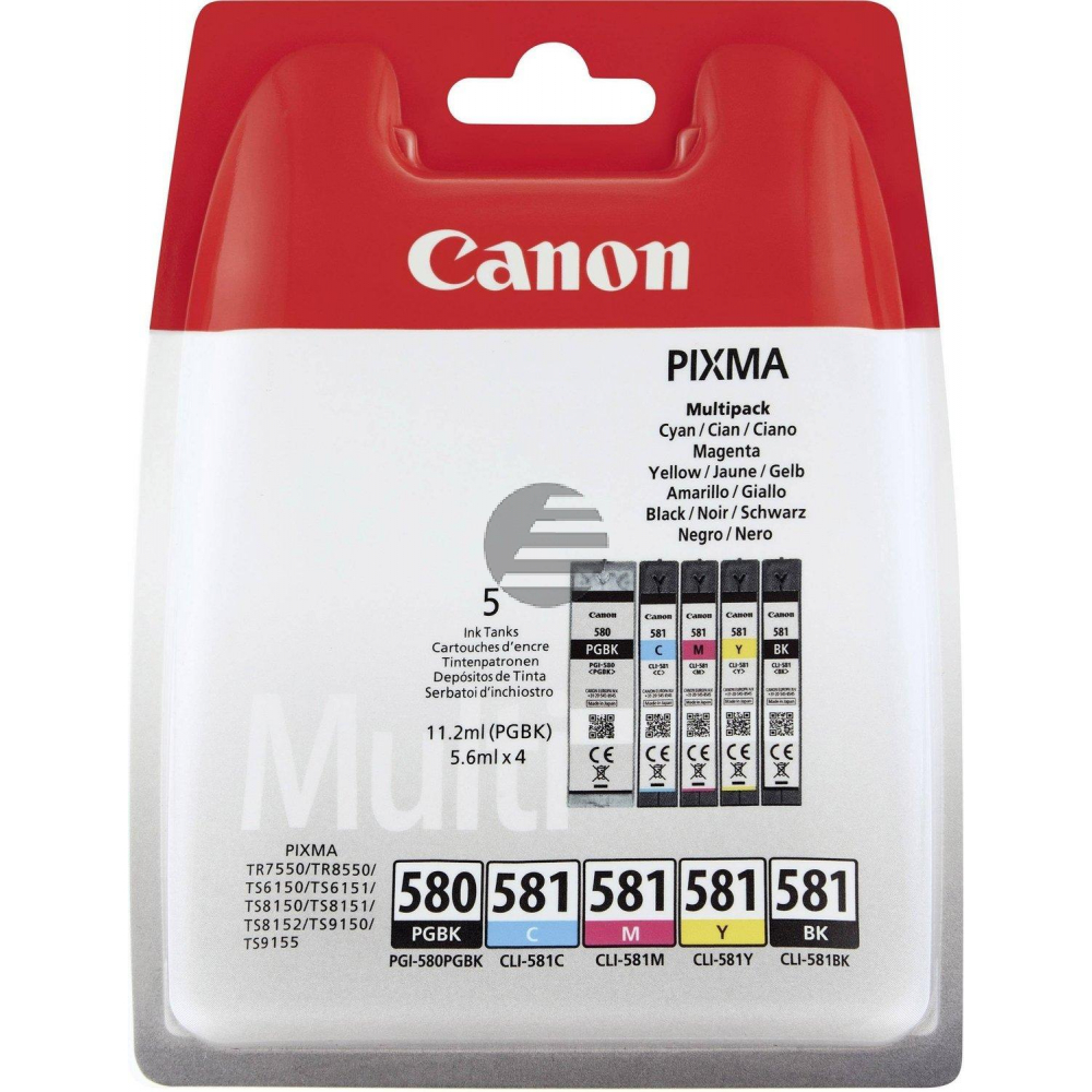Canon Tintenpatrone gelb, magenta, photo schwarz, schwarz, cyan (2078C006, CLI-581BK, CLI-581C, CLI-581M, CLI-581Y, PGI-580PGBKXL)