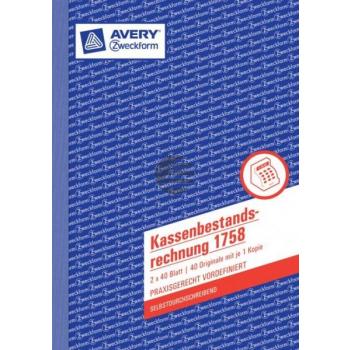 AZ Kassenbericht 1758 A5 SD Inh.2 x 40 Blatt Avery Zweckform