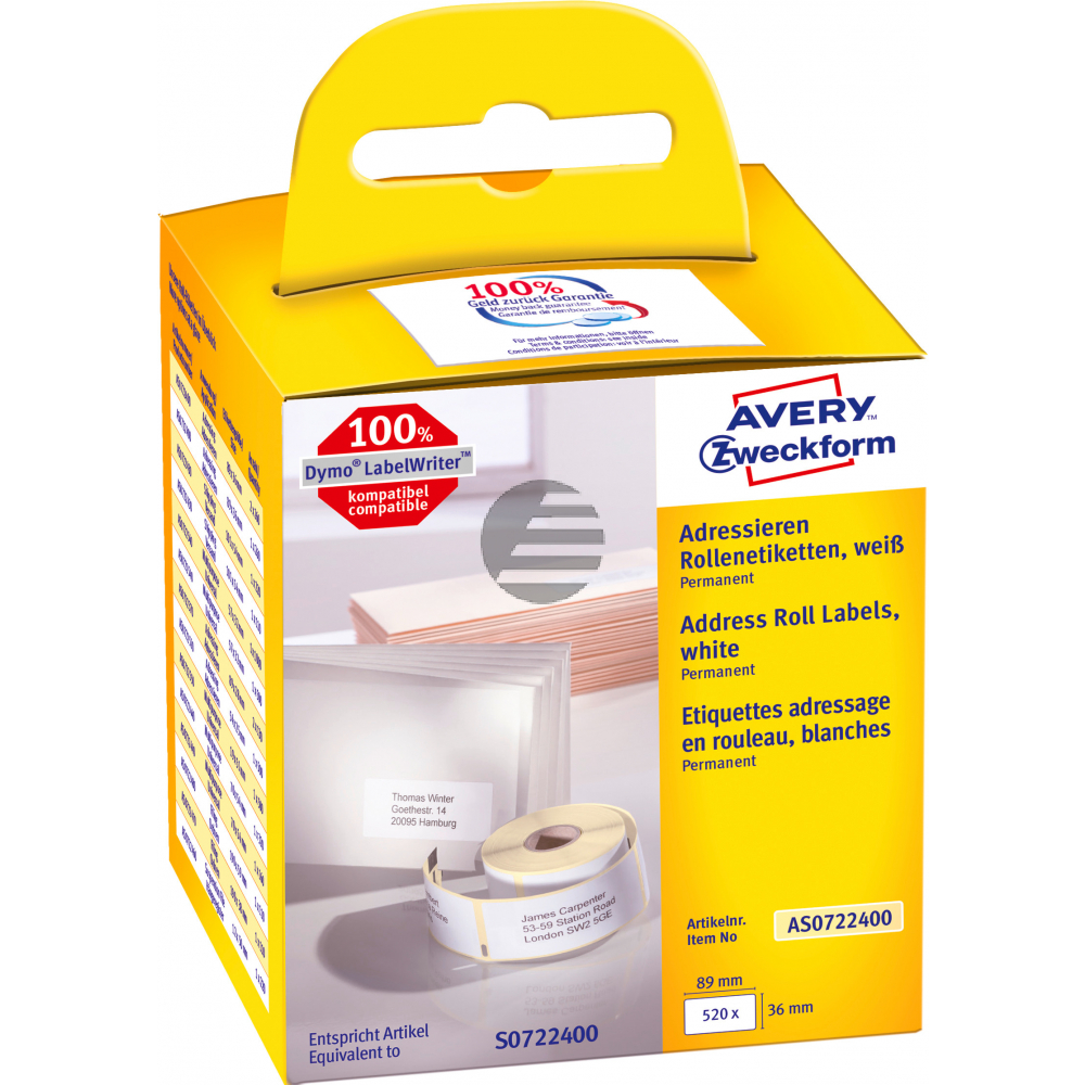 AVERY ZW. Adress-Etiketten 89x36mm AS0722400 weiss, Rolle 2x260 Stück